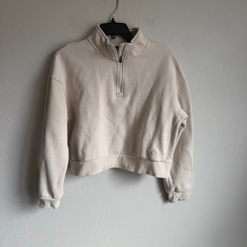 MPG Cream Organic Cotton Blend Cropped Quarter Zip Pullover Sweatshirt Womens M
